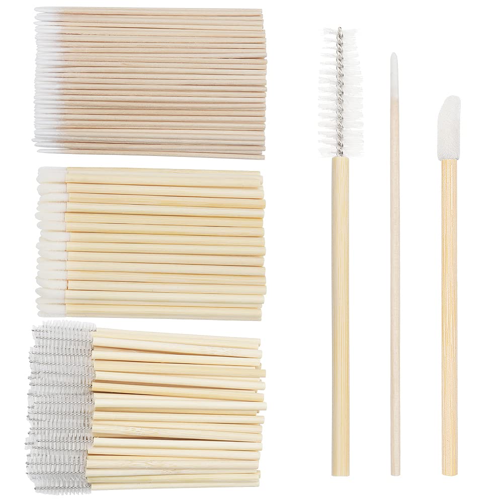 Mekupeu 300 PCS Eyelash Extension Supplies - Bamboo Micro Swab, Spoolie & Lip Wands