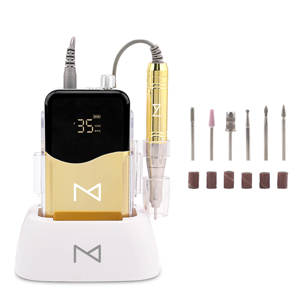 M Mase Professional Nail Drill Machine - Cordless, 35000 RPM, Gold, HD Display for Home & Salon