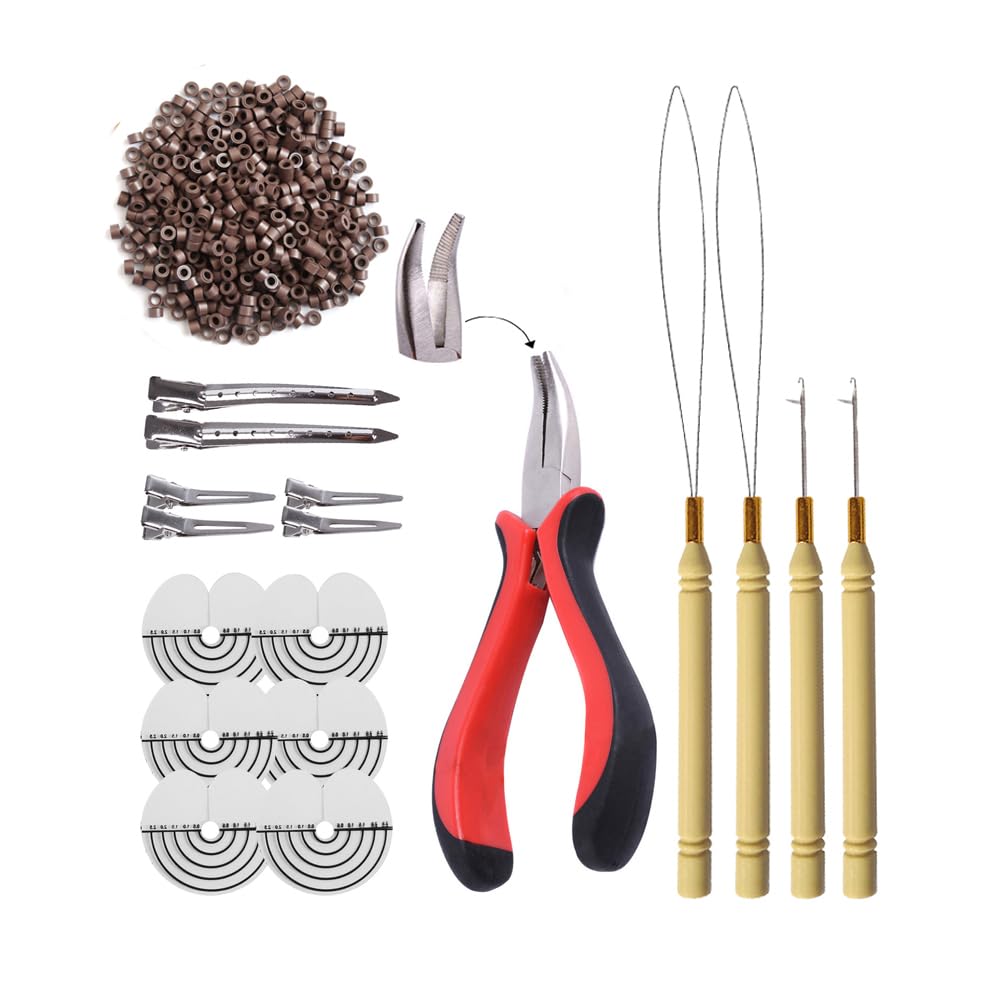 YANTAISIYU 500pcs Brown Micro Silicone Rings Beads for Hair Extensions Kit with Pliers and Needle