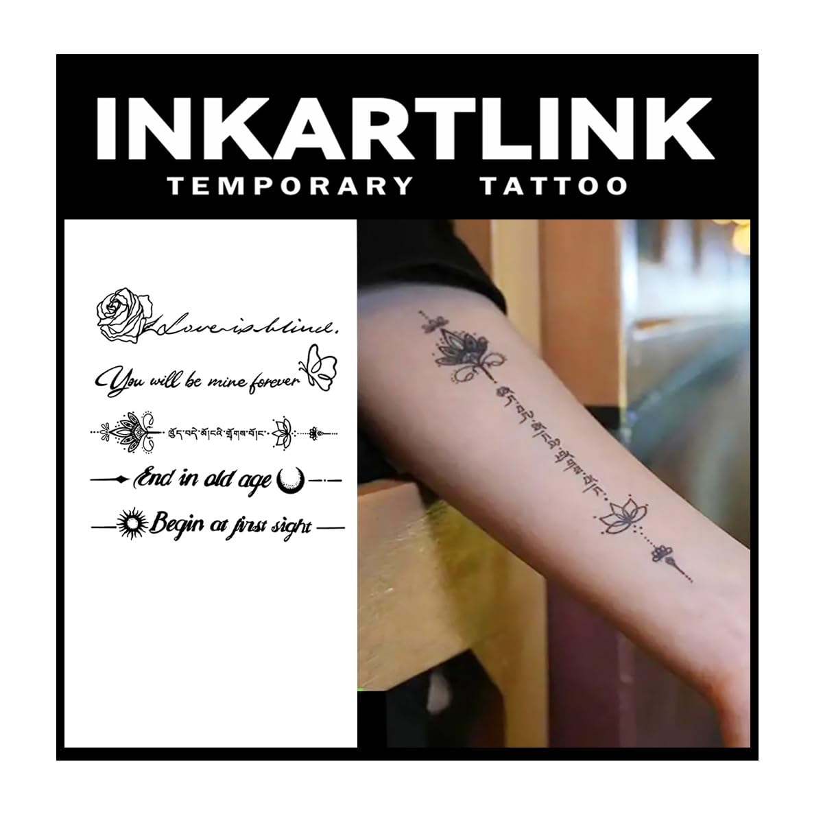 Inkartlink Extra-Large Semi-Permanent Tattoo Sheets - Waterproof Flower Quotes Design