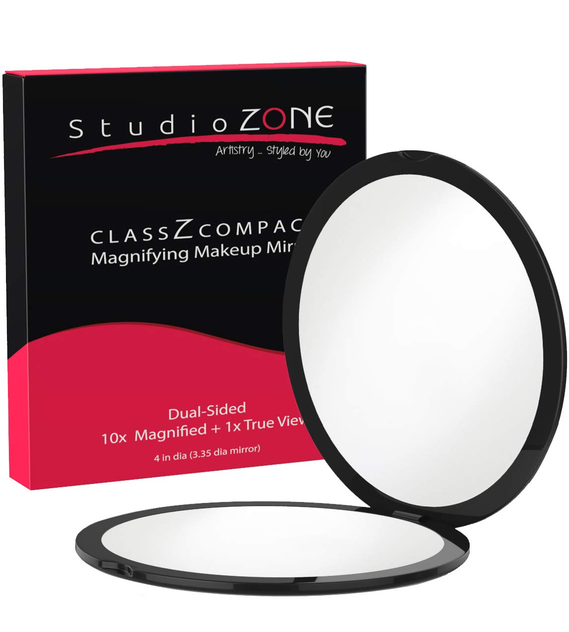 StudioZONE Compact 10X Magnifying Mirror - 2-Sided Travel Mirror for Purses, 4&quot; Diameter, Black