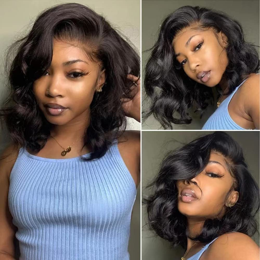 Stogedest 14&quot; Body Wave Lace Front Wig - Human Hair, Pre Plucked, Swiss Lace, 180% Density