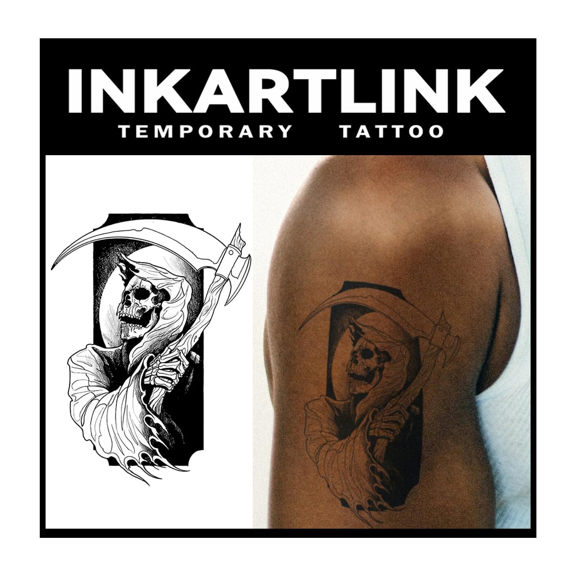 Inkartlink Grim Reaper Semi-Permanent Tattoo - 2 Sheets, Waterproof, Realistic Design, Lasts 1-2 Weeks