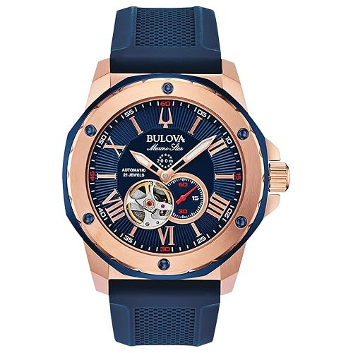 Bulova Men'S Marine Star Automatic Watch, 45Mm Blue Dial, Rose Gold-Tone, Model 98A227