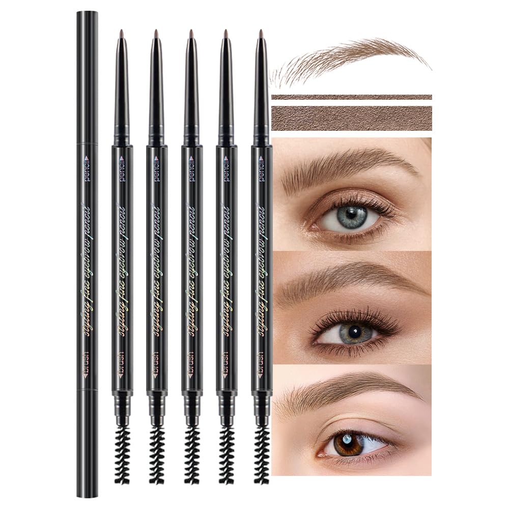 Wantuoluo 5 Pcs Waterproof Dual-Sided Fine Tip Eyebrow Pencils - Dark Brown, Ultra-Fine Mechanical