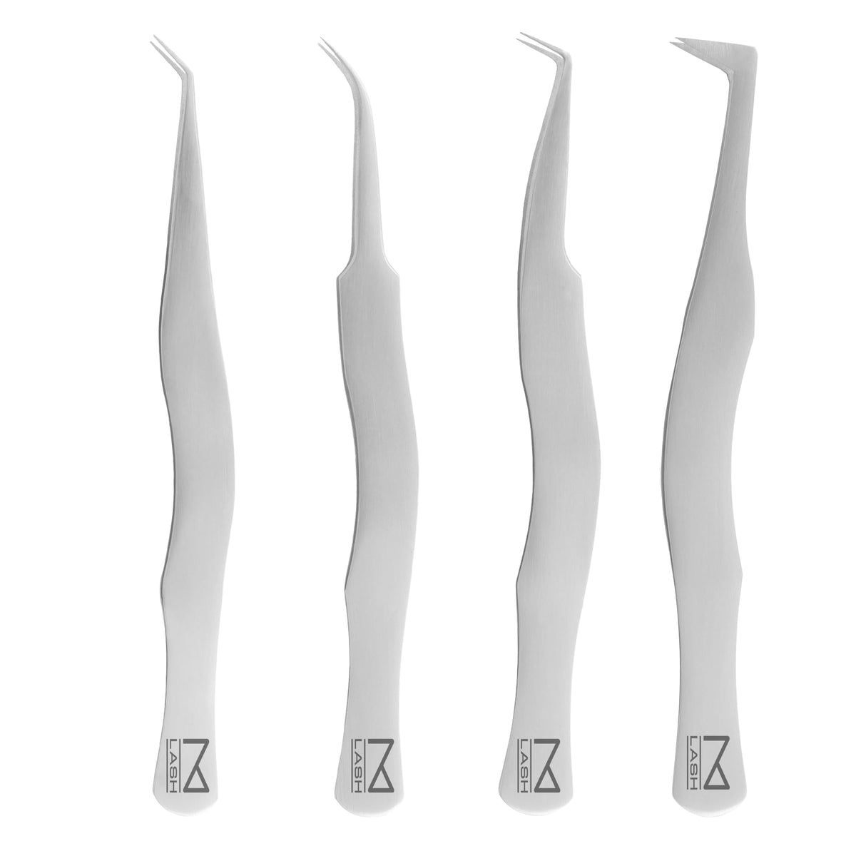 M LASH Eyelash Tweezers Set of 4 - Professional Stainless Steel, Diamond Grip, Silver