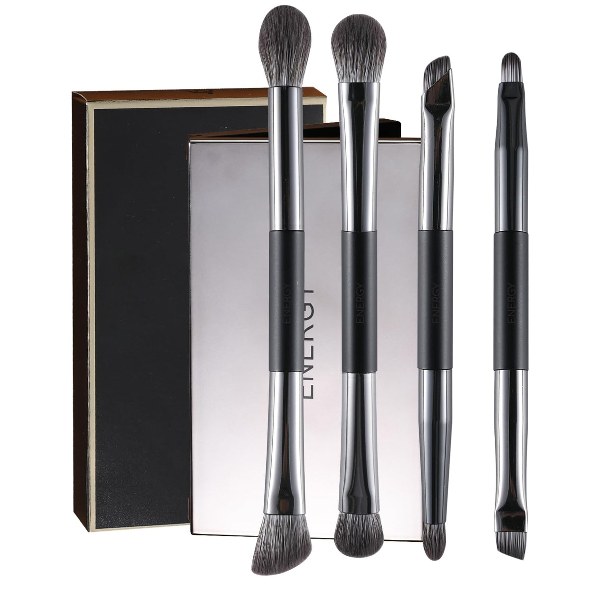 Energy 4Pcs Travel Eye Makeup Brush Set With Mirror - Eyeshadow, Eyeliner, Concealer, Smudge