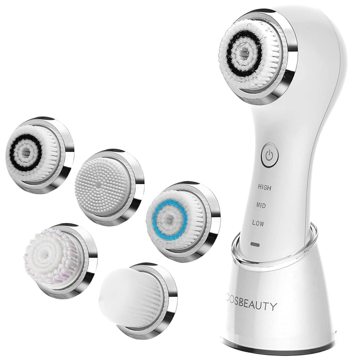 Cosbeauty Sonic Face Scrubber With 5 Brush Heads, Ipx7 Waterproof, Rechargeable, White