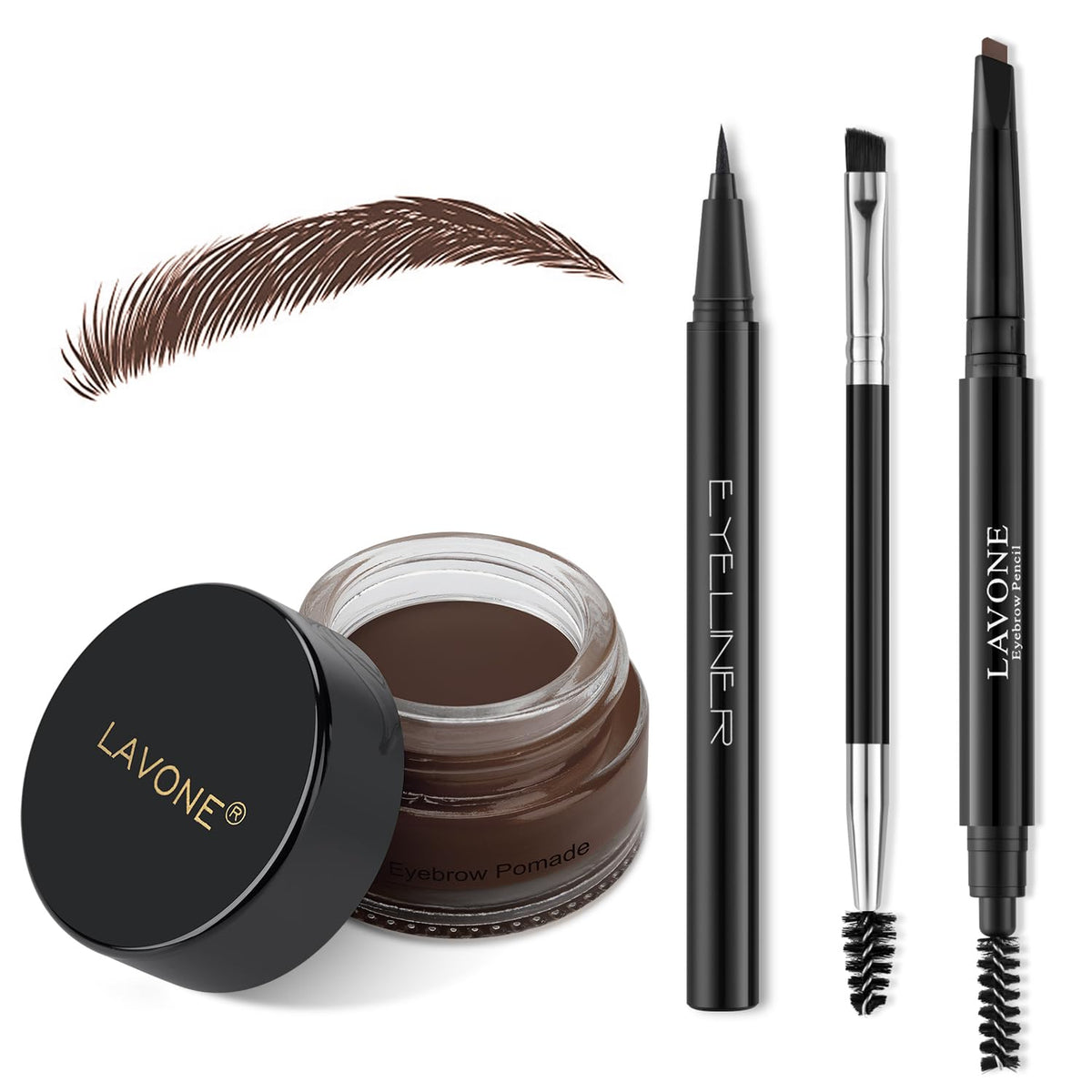 Lavone Waterproof Eyebrow Stamp Pencil Kit With Pomade, Eyeliner & Dual-Ended Brush - Espresso