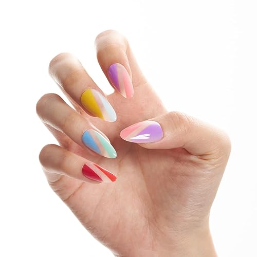 GLAMERMAID Medium Almond Press on Nails - 24Pcs Colorful Rainbow Candy Reusable Gel Manicure