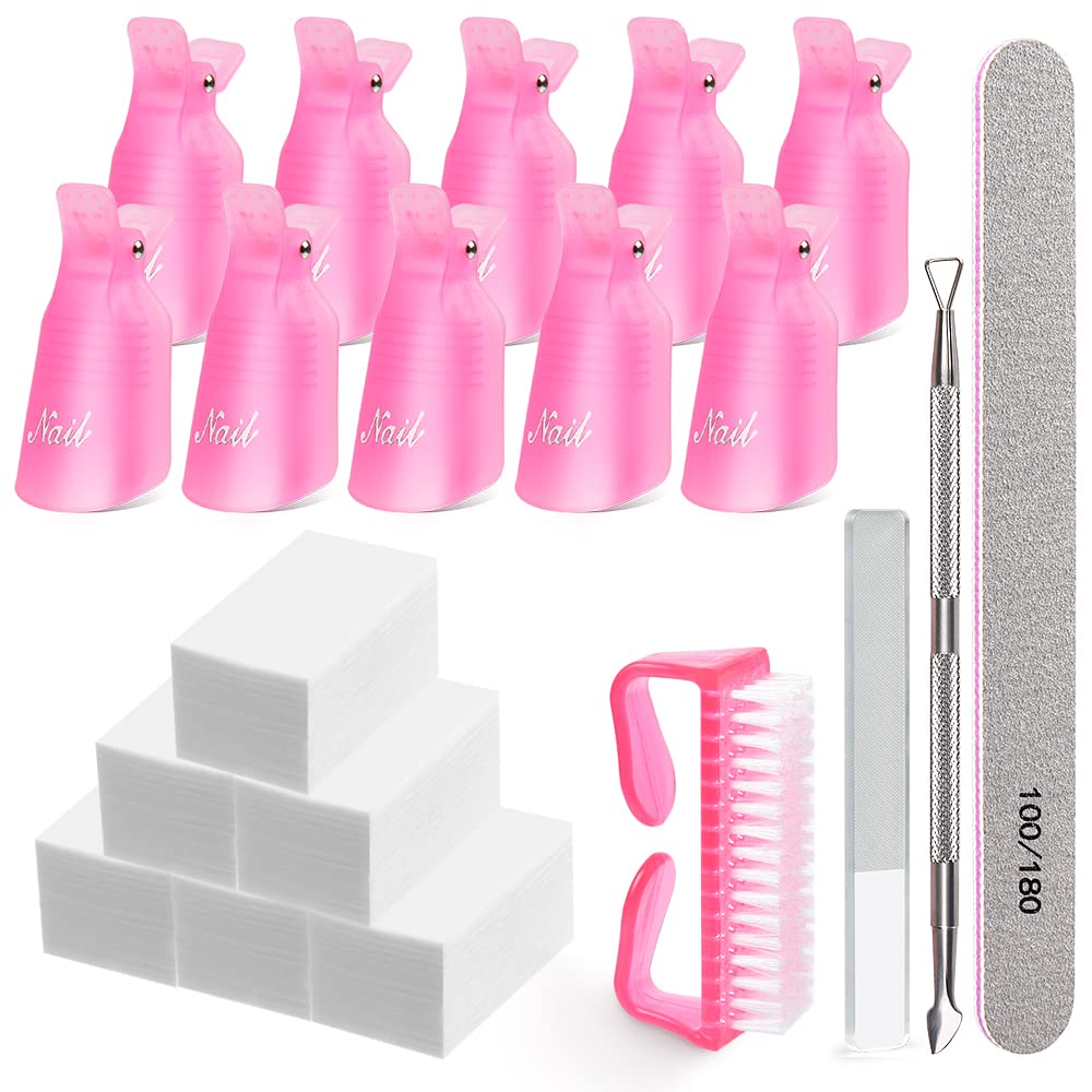 MORGLES Nail Polish Remover Kit - 10 Clips, 300 Cotton Pads, Nail File & Brush - Pink