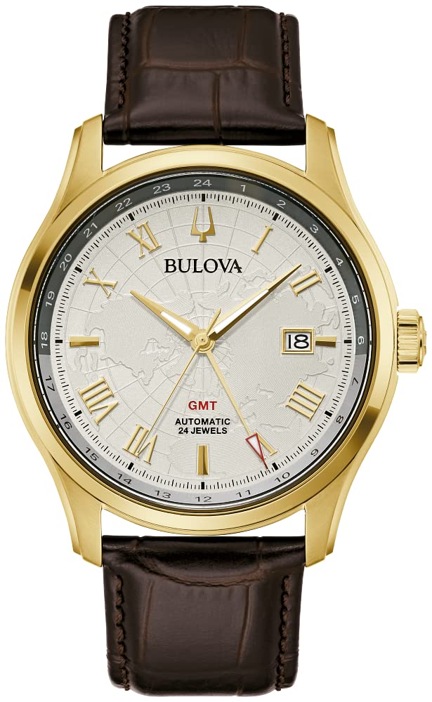 Bulova 97B210 Classic Wilton Gmt Automatic Watch, 43Mm, Brown Leather Strap