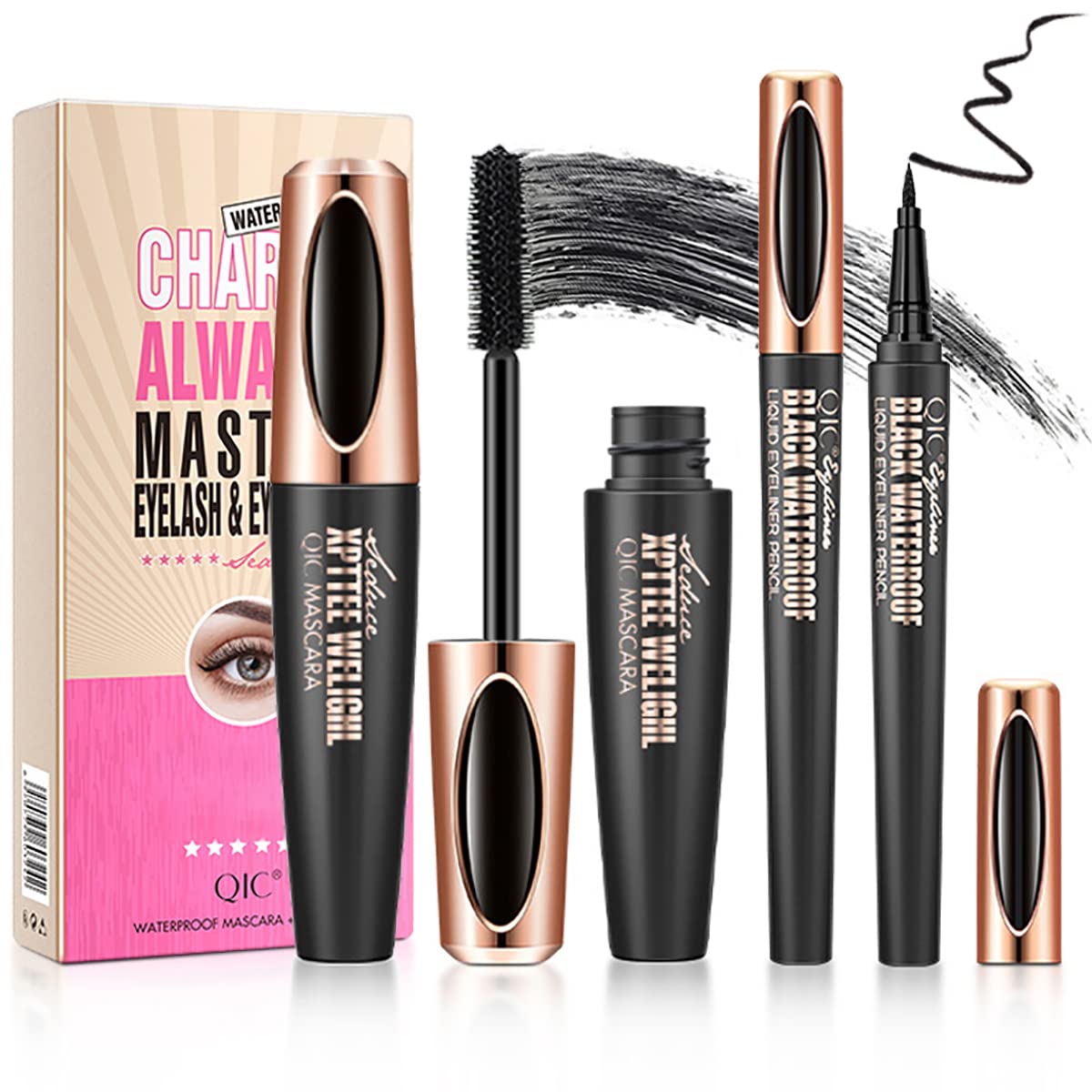 Alisesun 4D Silk Fiber Lash Mascara & Eyeliner Pen, Waterproof, Voluminous, No Flaking, Black