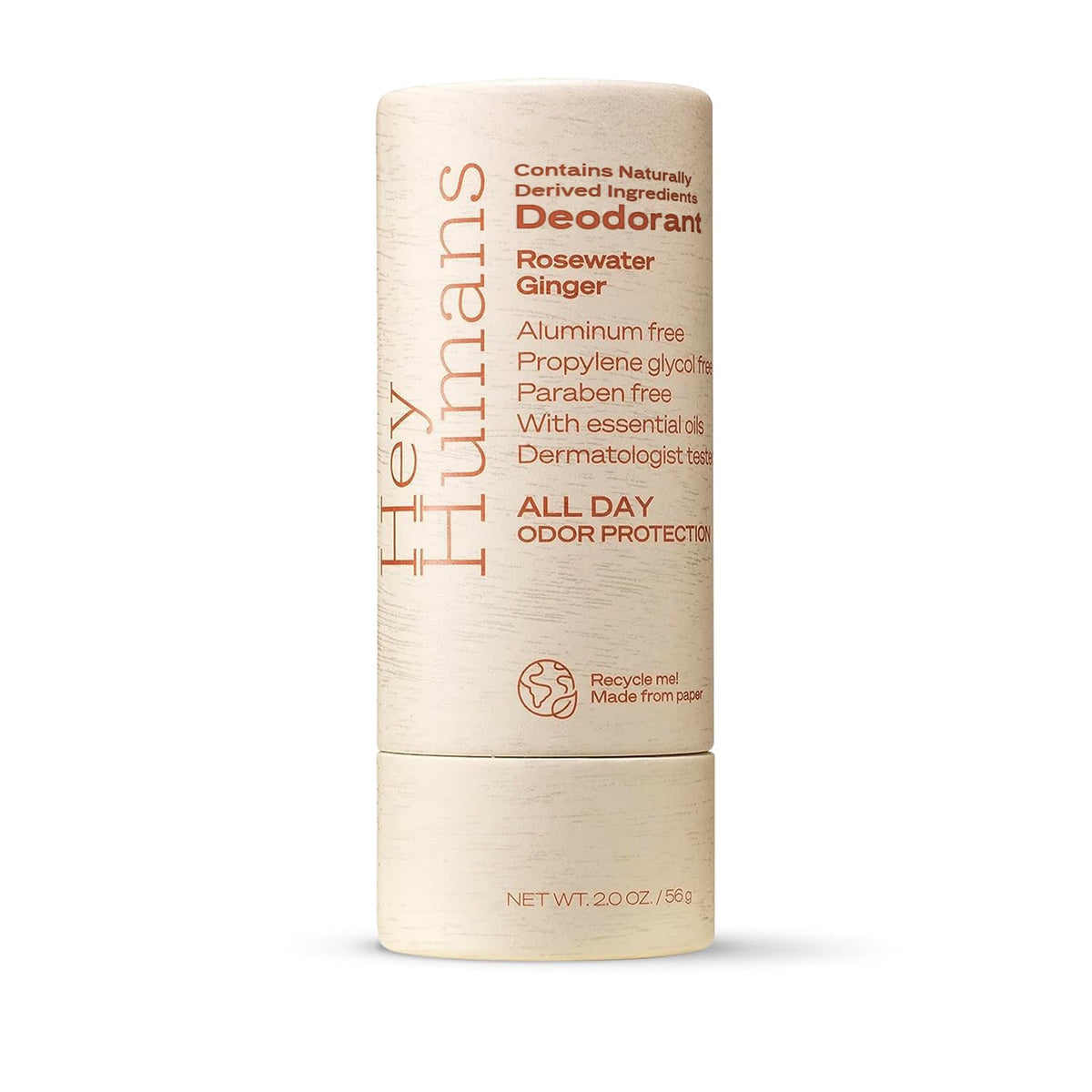 Hey Humans Aluminum Free Deodorant, 2Oz - Natural Ingredients, Odor Control, Rosewater Ginger