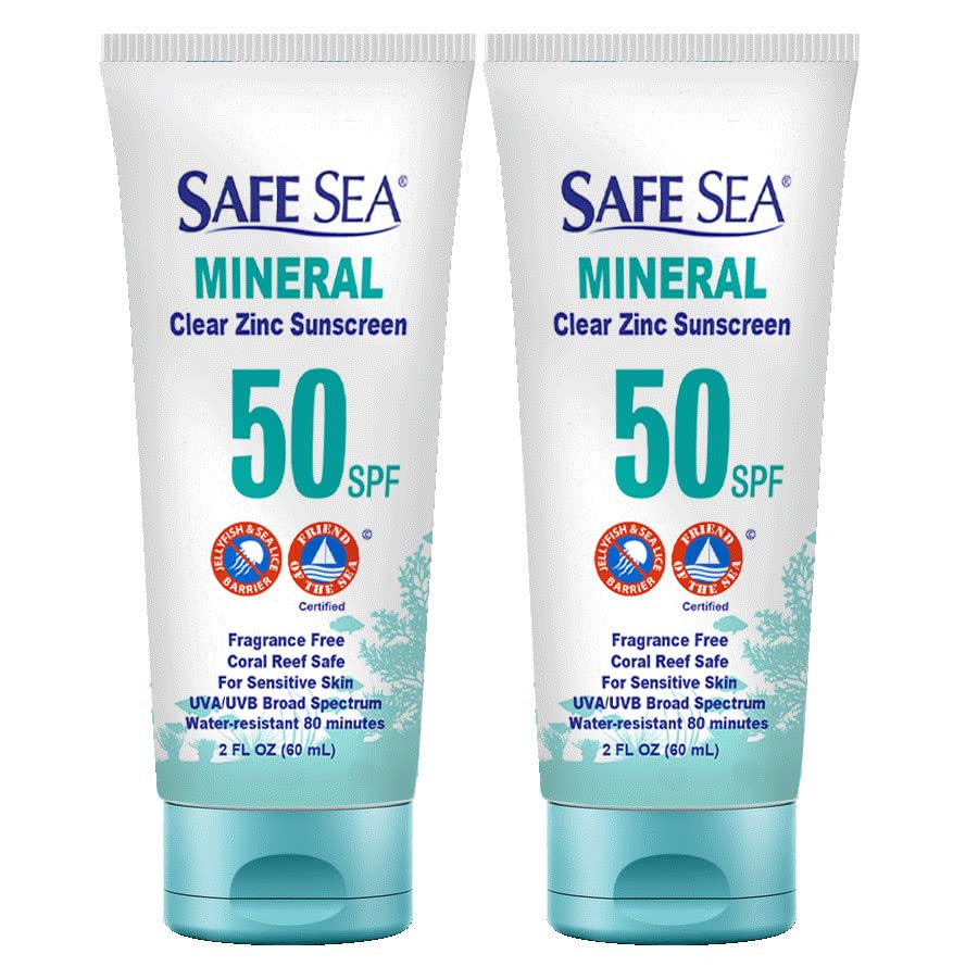 Safe Sea Zinc Oxide Sunscreen Spf50 | Travel Size Clear Mineral Lotion, Anti-Jellyfish, 2Oz Pack Of 2