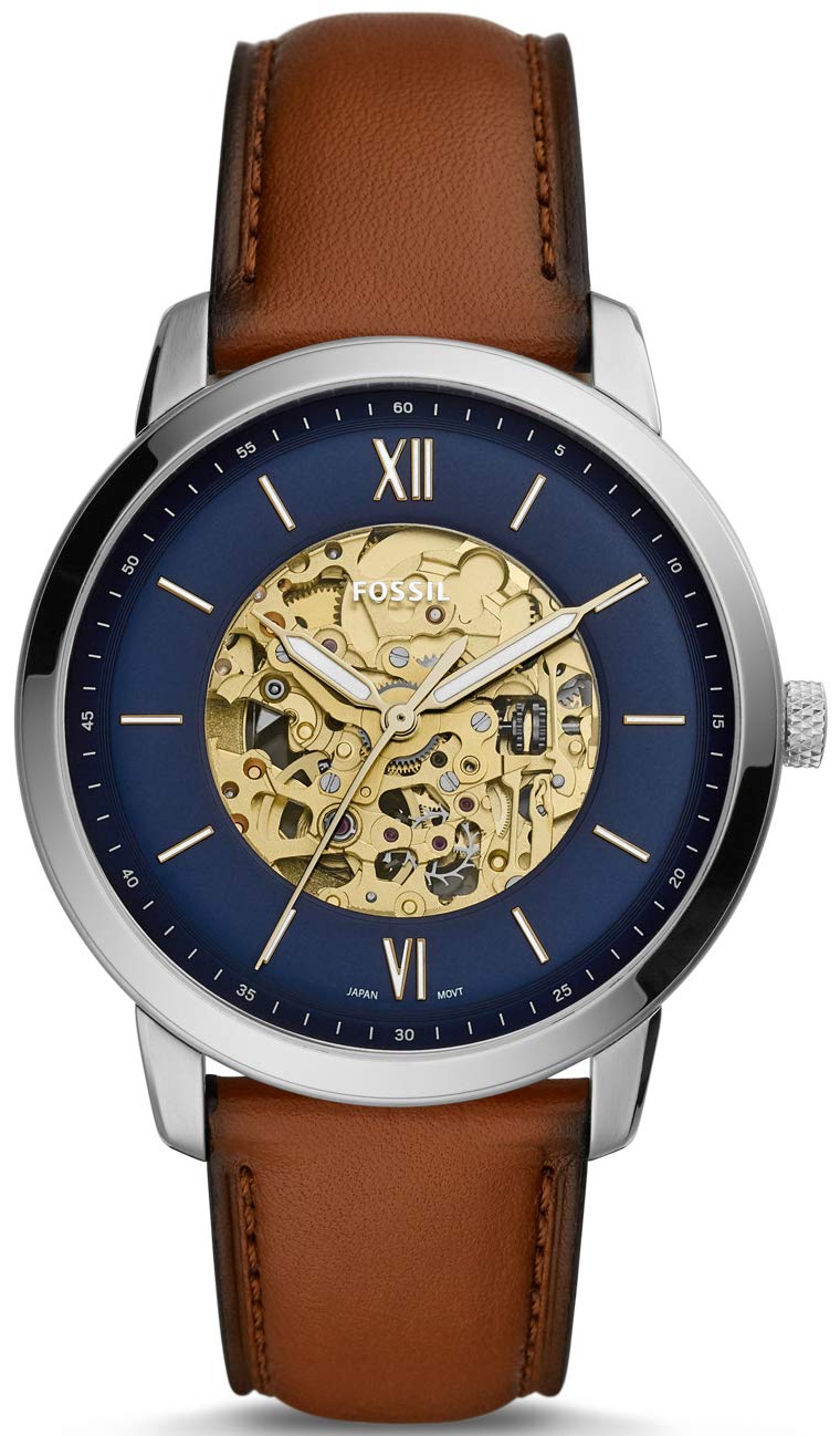 Fossil Neutra Men'S Automatic Watch, Blue, 44Mm, Leather & Stainless Steel Strap