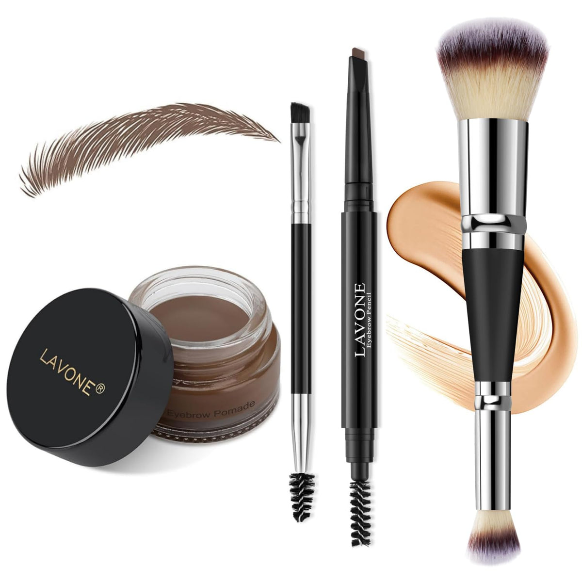 Lavone Waterproof Eyebrow Pencil Makeup Kit - Khaki Brown, Dual-Ended Brush & Pomade