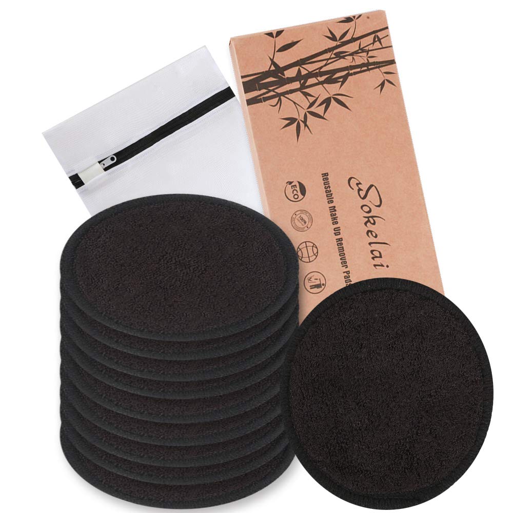 Wokelai Reusable Black Makeup Remover Pads - 10 Organic Cotton Rounds With Laundry Bag