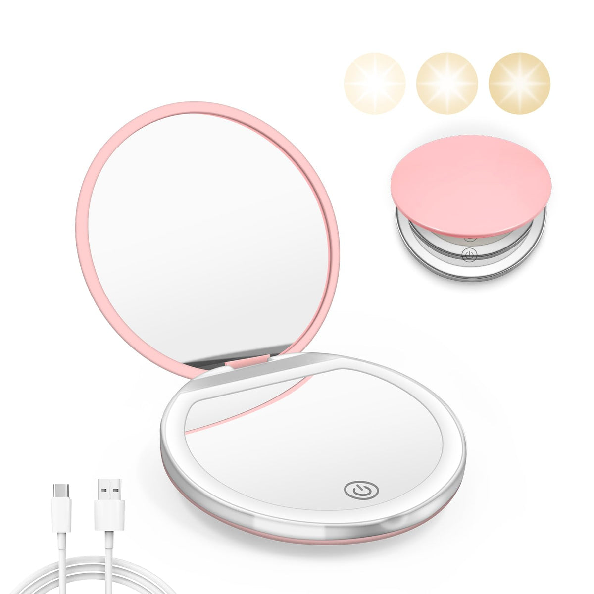 Kakuje Pink Compact Mirror With Light, 1X/3X Magnification, Led, Portable For Travel