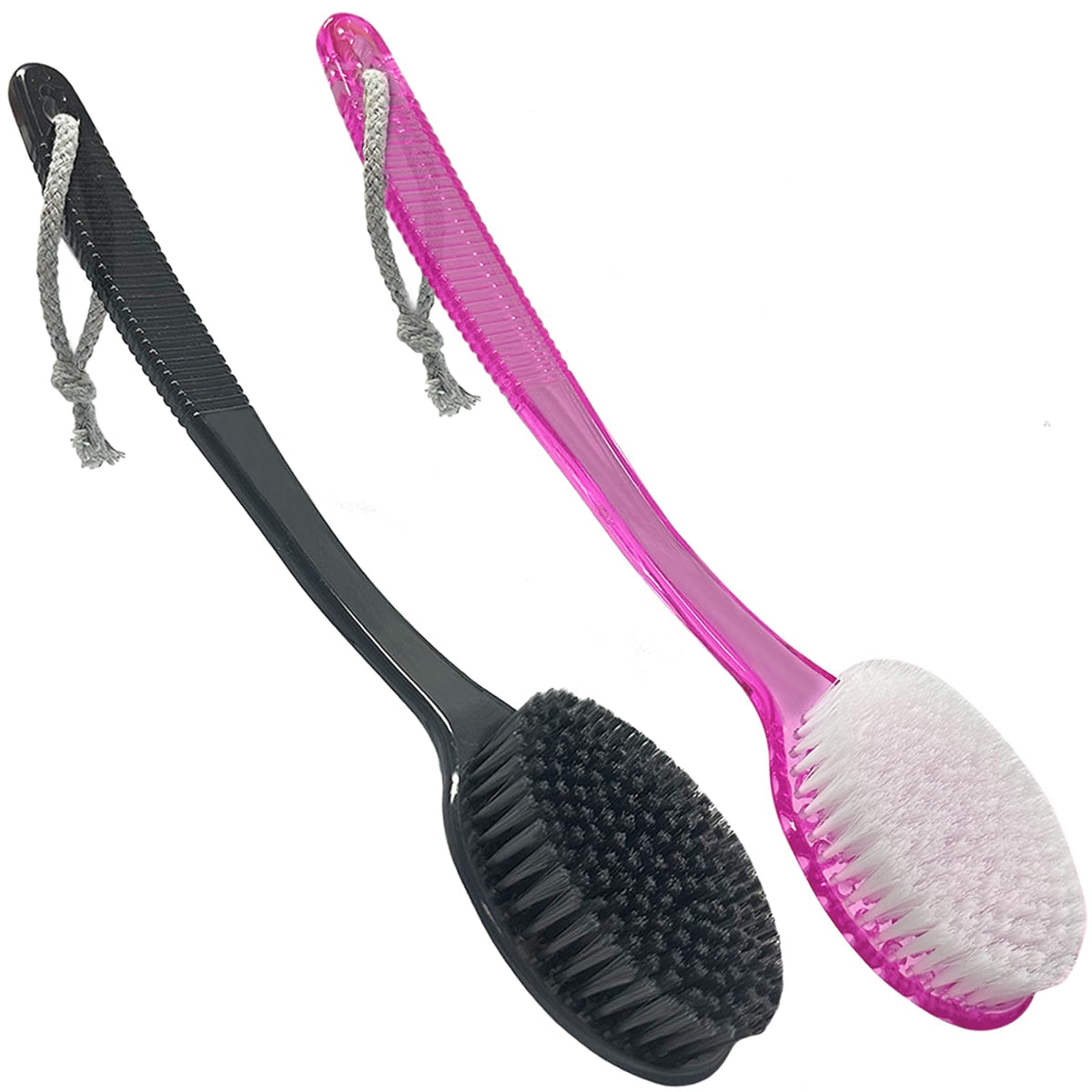 Superwash Plus Back Bath Brush - Curved Handle Exfoliating Shower Brush, Black + Pink 2 Pack