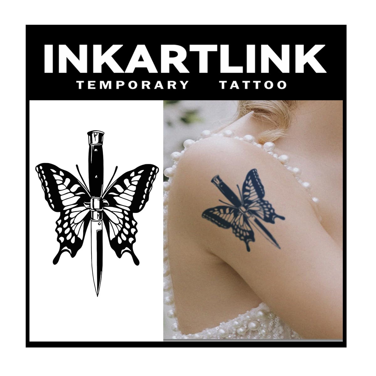 Inkartlink Semi-Permanent Butterfly Sword Tattoo - Waterproof, Realistic Look, Lasts 1-2 Weeks