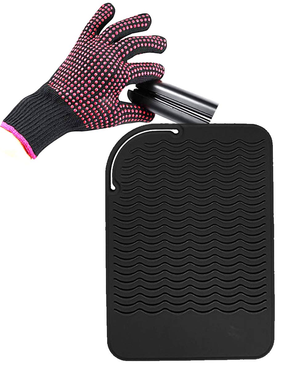 AFT90 Heat Resistant Glove & Silicone Mat for Curling Iron, Hair Straightener, Black