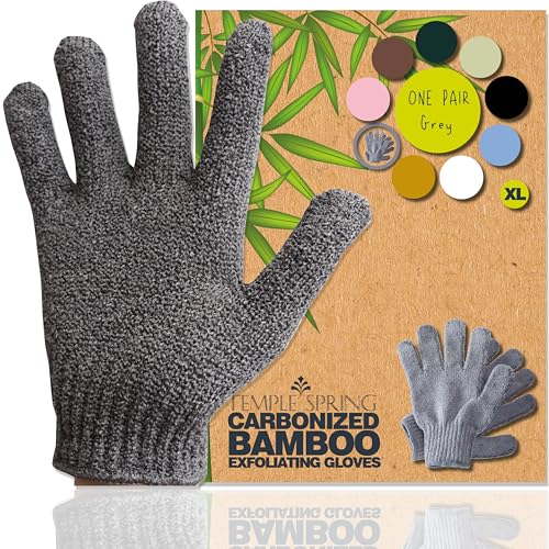 Temple Spring Exfoliating Glove - Xl Gray Bamboo Scrubber, Loofah Bath Sponge For Body Exfoliation