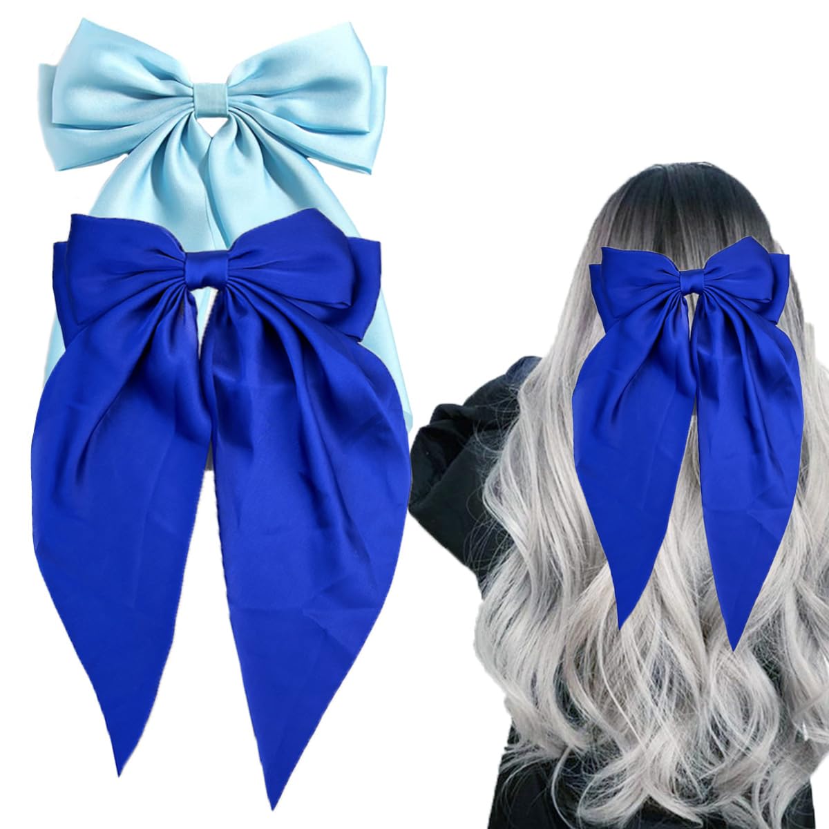 SALOCY Blue Hair Bows Clips - 2 PCS Satin Long Tail Barrettes for Wedding Prom Party