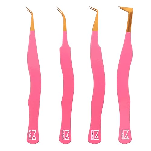 M LASH Pink Eyelash Tweezers Set of 4 - Professional Japanese Steel with Diamond Grip