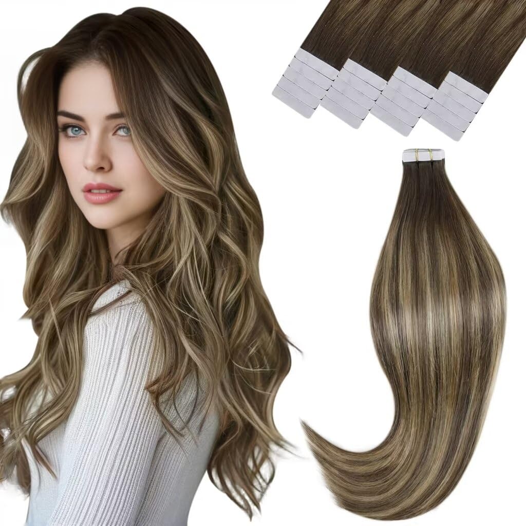 Vivien Tape In Hair Extensions, 16&quot; Real Human Hair, Balayage Chocolate To Caramel, 20Pcs