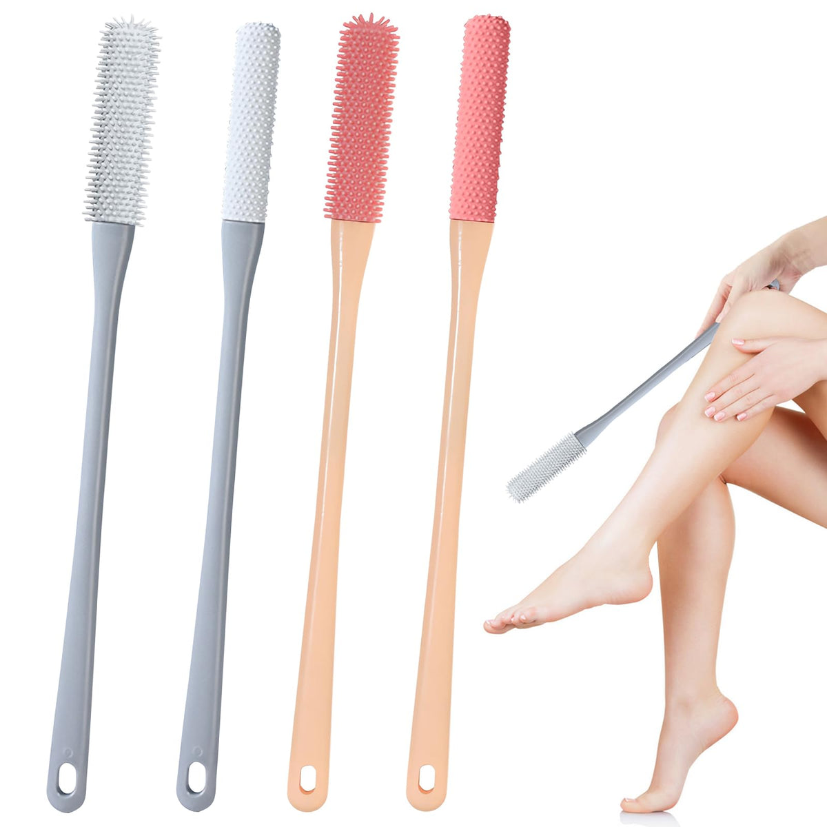 Fugit 4 Pcs Silicone Toe Gap Cleaning Brush Set - Long Handled Foot Scrubber For Seniors, Pink/Gray