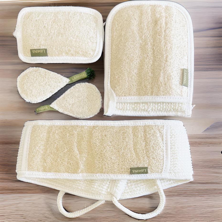 Veteran Textile Llc 4 Pcs Natural-Organic Loofah Sponge Set - Body Scrubber & Mitts