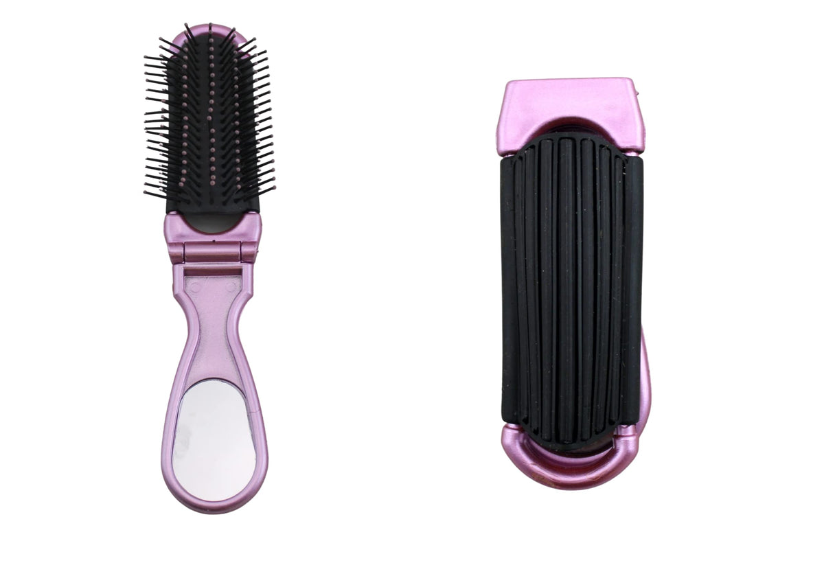 Homestyle Compact Folding Hair Brush With Mirror - Travel Size For Purse & Bag