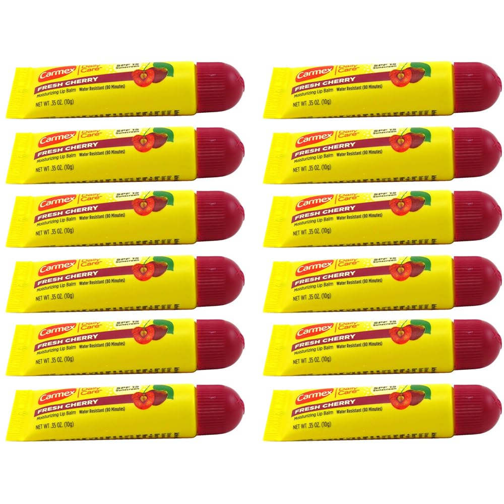 Carmex Fresh Cherry Lip Balm Tube Spf 15, 0.35 Ounce, 12 Pack - Moisturizing & Protective