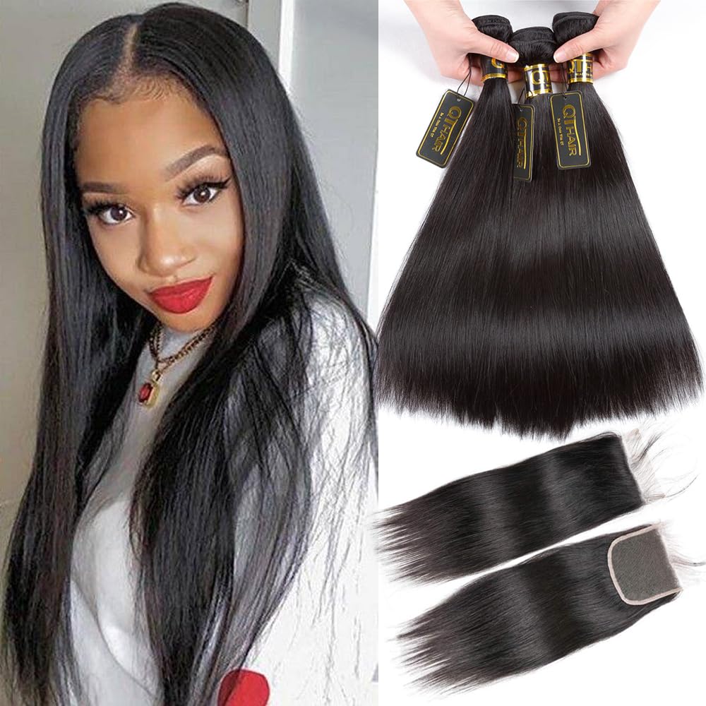 QTHAIR 14A Grade Virgin Brazilian Straight Hair with Closure 20&quot; 22&quot; 24&quot;+18&quot; Natural Black