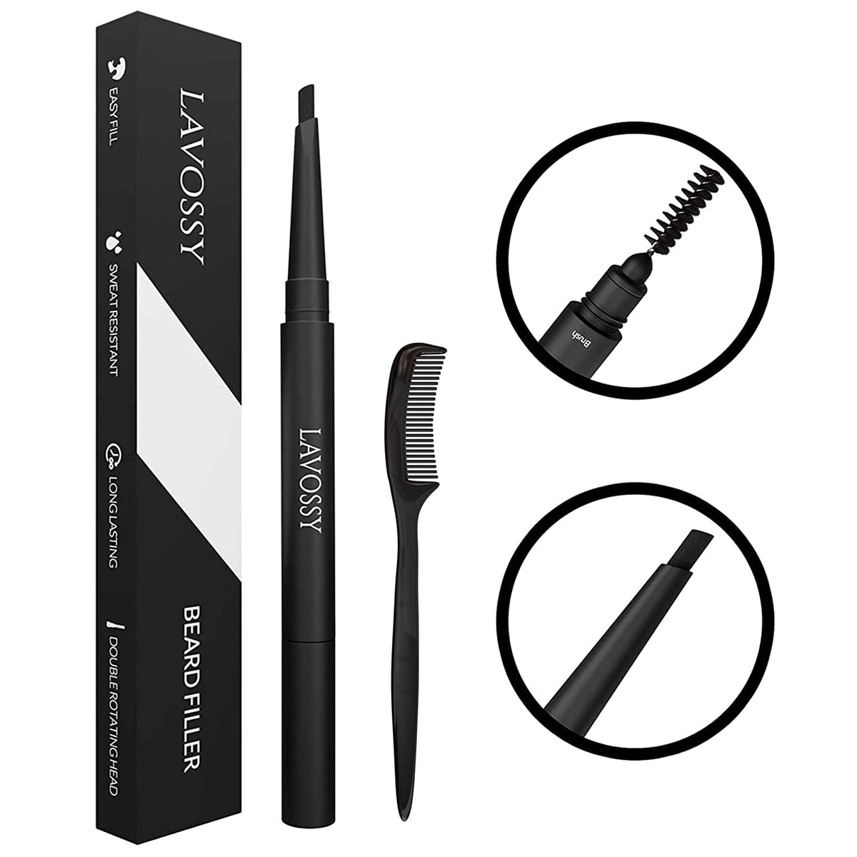 Lavossy Beard Pencil - Long Lasting Light Brown Pen With Brush For Natural Water/Sweat Proof Look