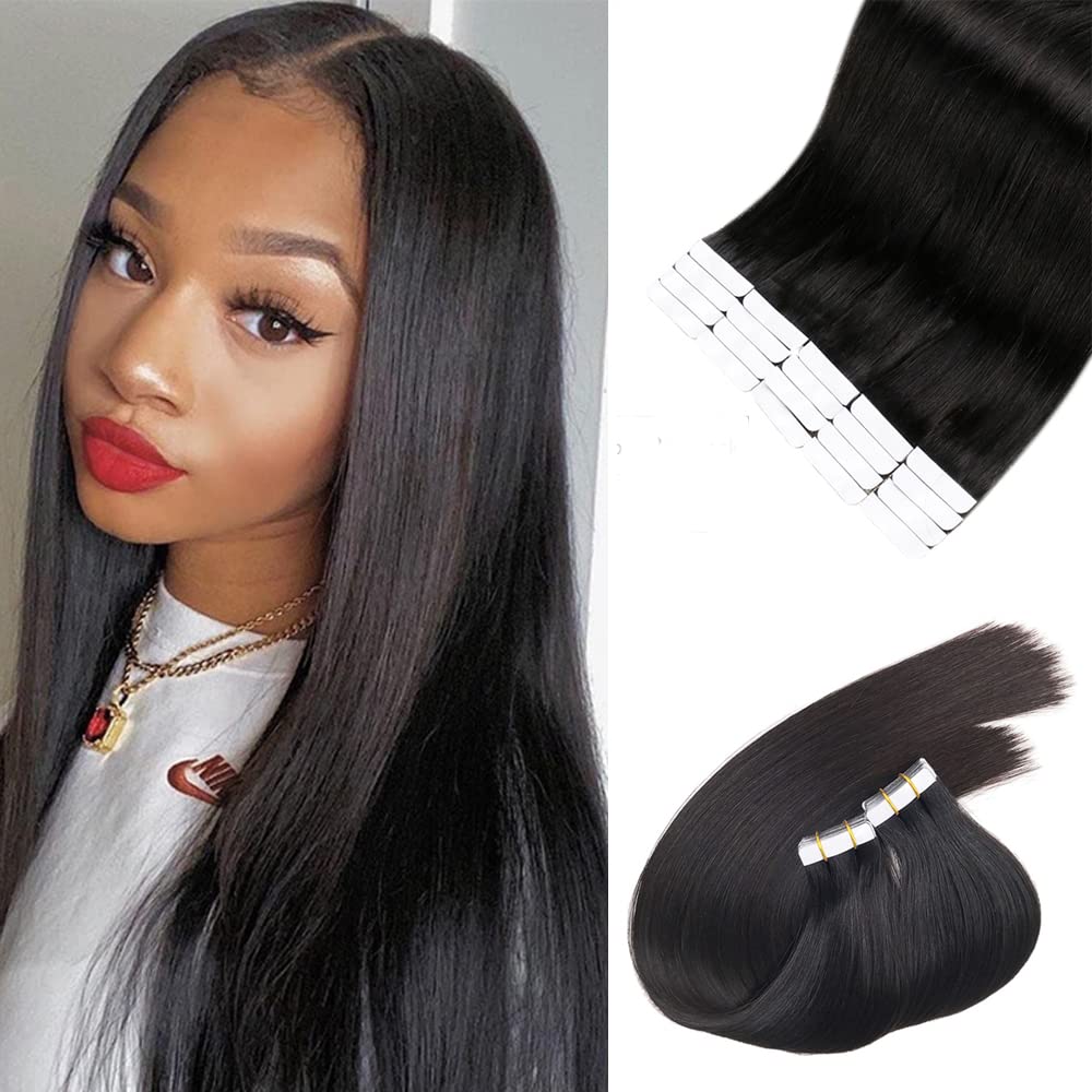 Smavida 20&quot; Black Tape In Human Hair Extensions, 50G Silky Straight, Double-Sided Invisible Tape