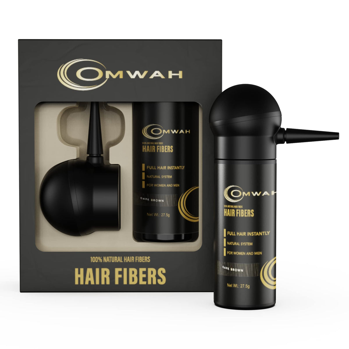 Omwah Natural Hair Fibers Kit - 27.5G Dark Brown Concealer With Spray Applicator For Thinning Hair