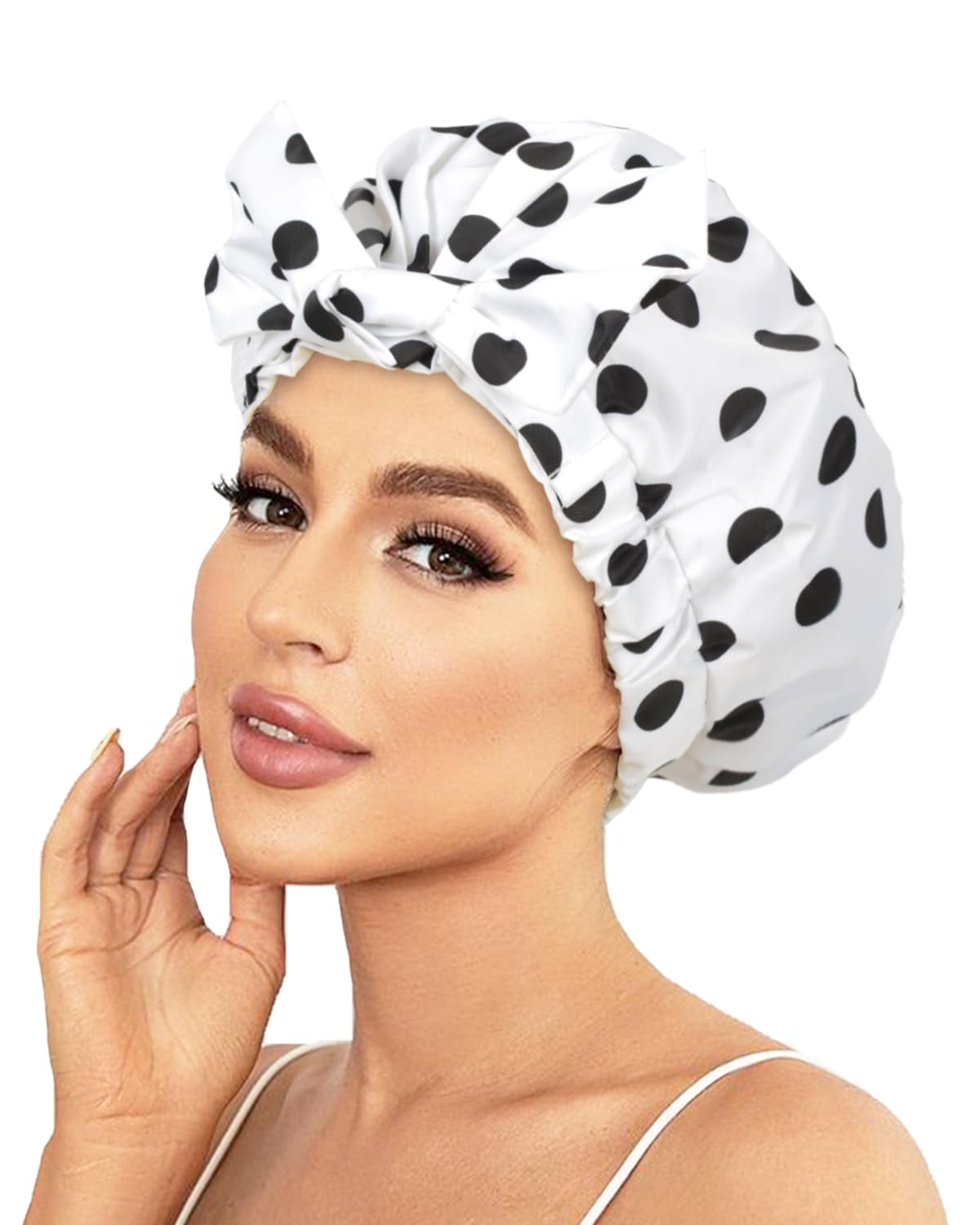 Luvruitaky Luxury Shower Cap For Women, Reusable Waterproof Hair Cap With Bowknot, White