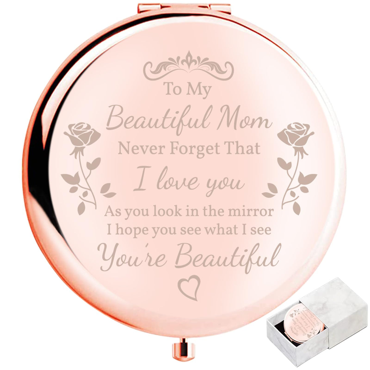 Boutikpro Rose Gold Compact Mirror For Mom - Unique Gift For Mothers, 2.8&quot; Metal Design