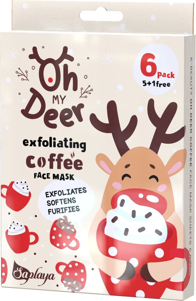 Saplaya K-Beauty Facial Sheet Masks - Oh My Deer Exfoliating Coffee Holiday Pack, 6 Count