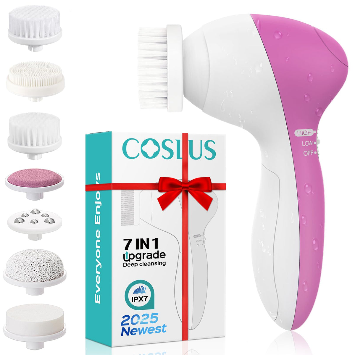 Coslus 7-In-1 Facial Cleansing Brush - Waterproof Electric Exfoliating Face Scrubber, Pearl Pink