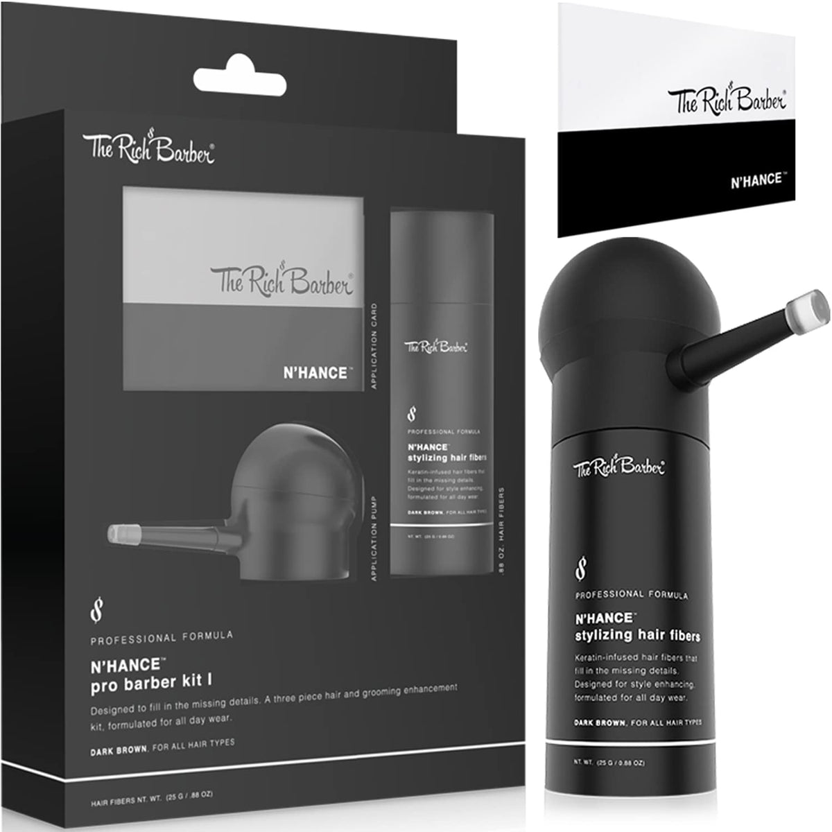 The Rich Barber N'Hance Pro Kit - 3-In-1 Hair & Beard Styling Set, Dark Brown, Keratin-Infused