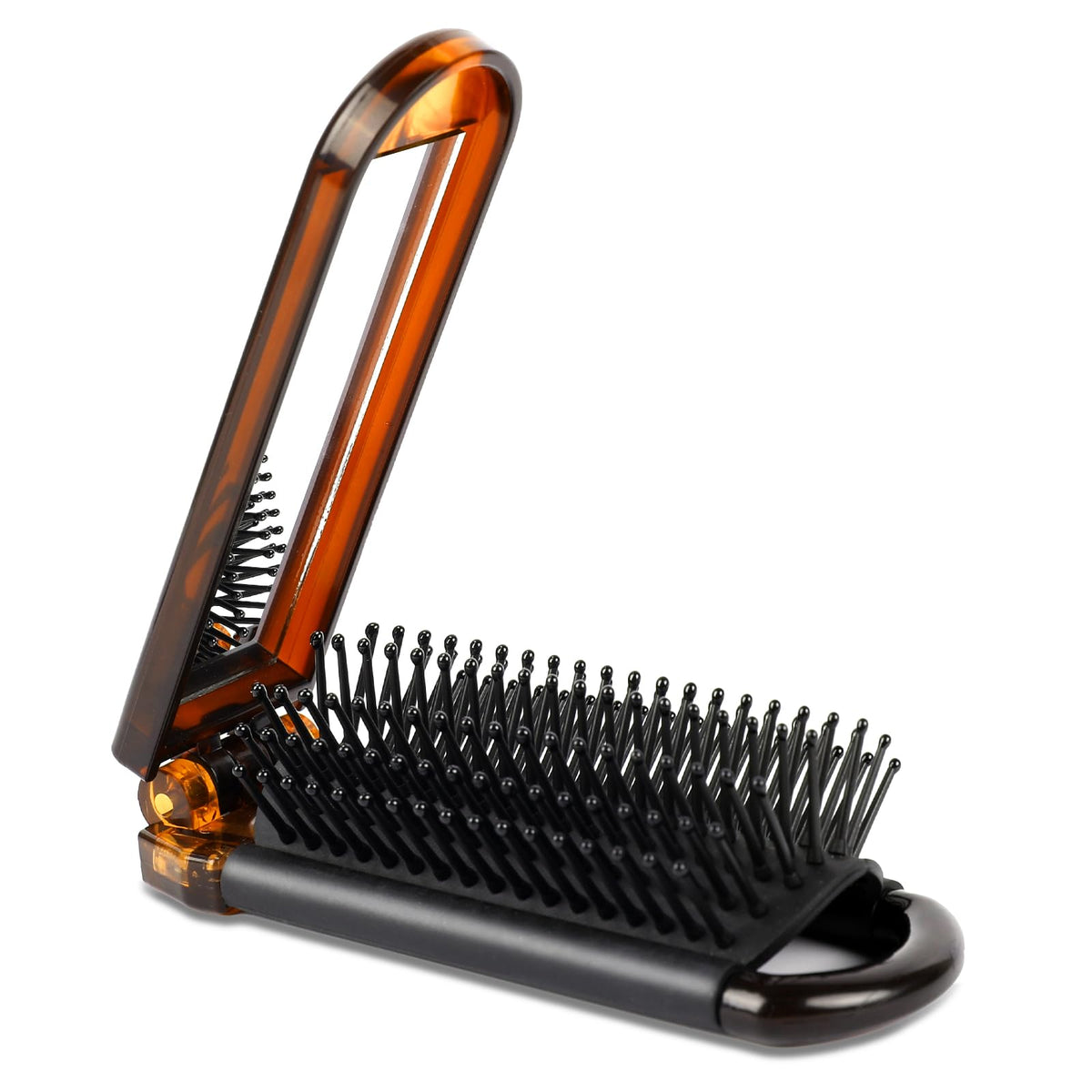 Mozeat Lens Amber Compact Folding Hair Brush With Mirror - Travel Comb For Gym & Purse