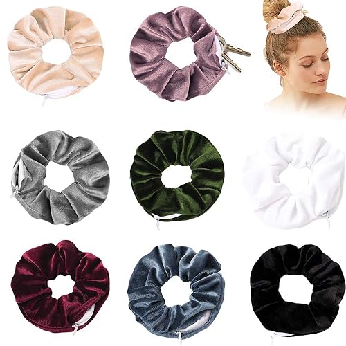 DINPREY Premium Velvet Scrunchies with Hidden Pocket - 8 Pcs Soft Elastic Hair Ties for Women