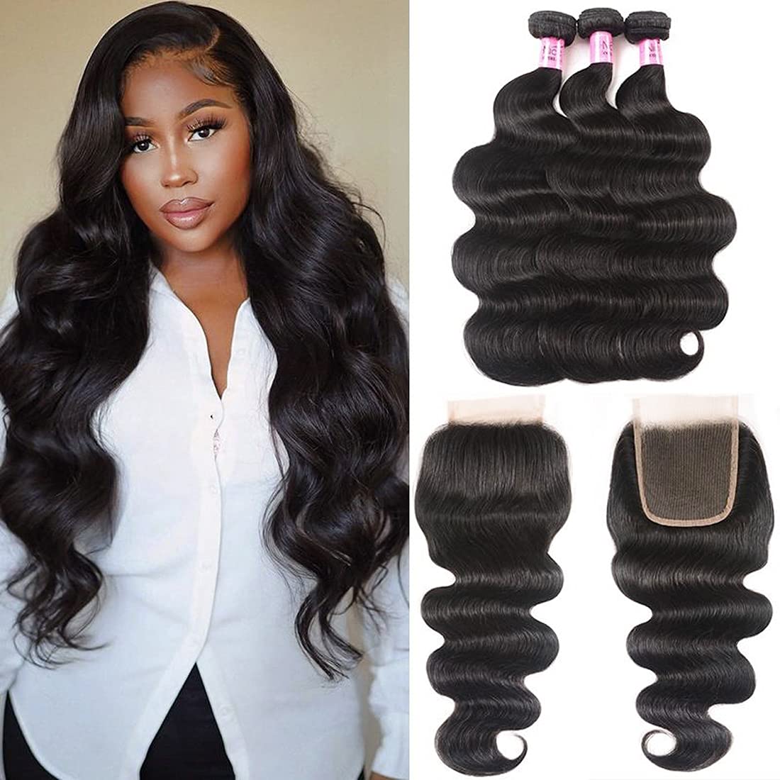 UNICE Brazilian Body Wave Hair Weave Extensions 3 Bundles & Lace Closure - Black, 20&quot; 22&quot; 24&quot;