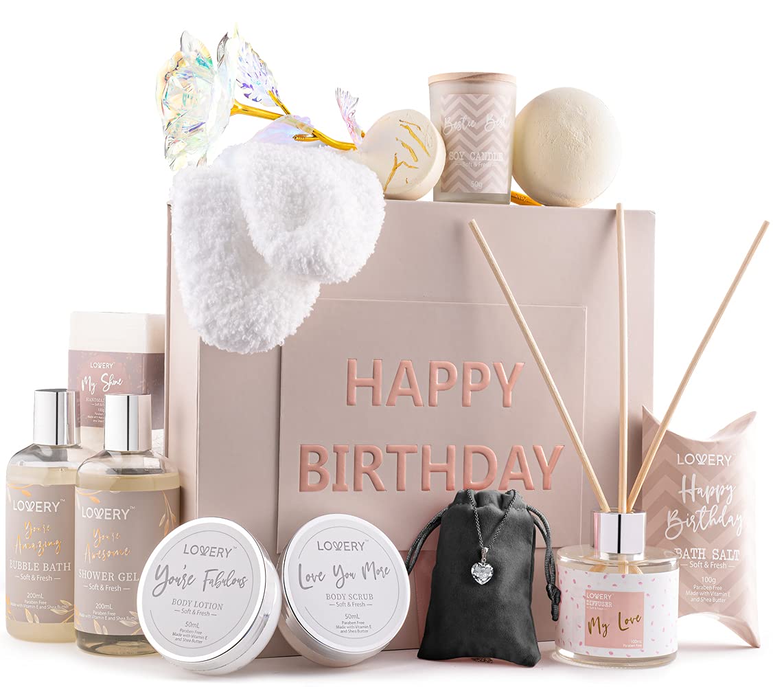 Lovery Birthday Spa Gift Basket For Women - 17 Piece Luxury Set With Necklace, Candle, Diffuser & More