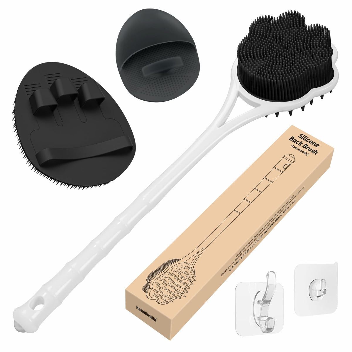 Manmihealth 15.7&quot; Cute Black Silicone Back Scrubber & Soft Shower Brush Set (3 Pcs)