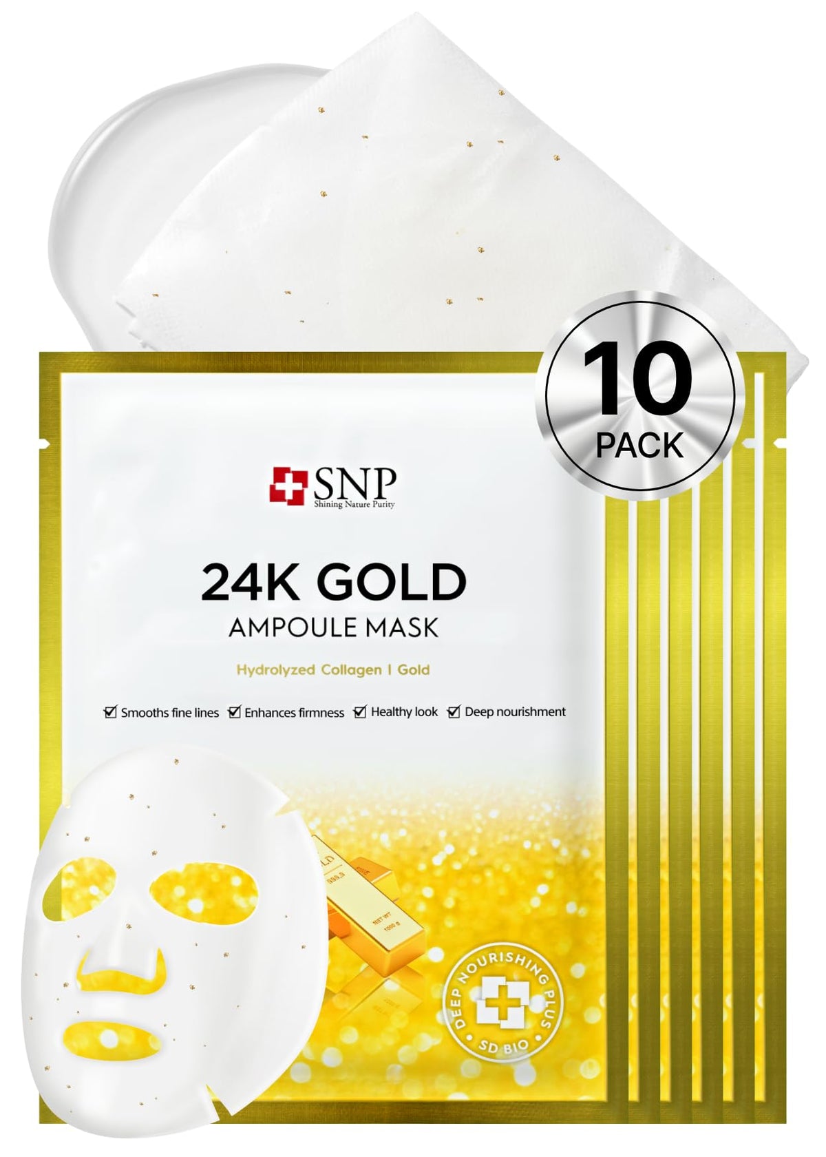 Snp 24K Gold Ampoule Sheet Mask - Collagen, Hydrating, Moisturizing, 10 Count