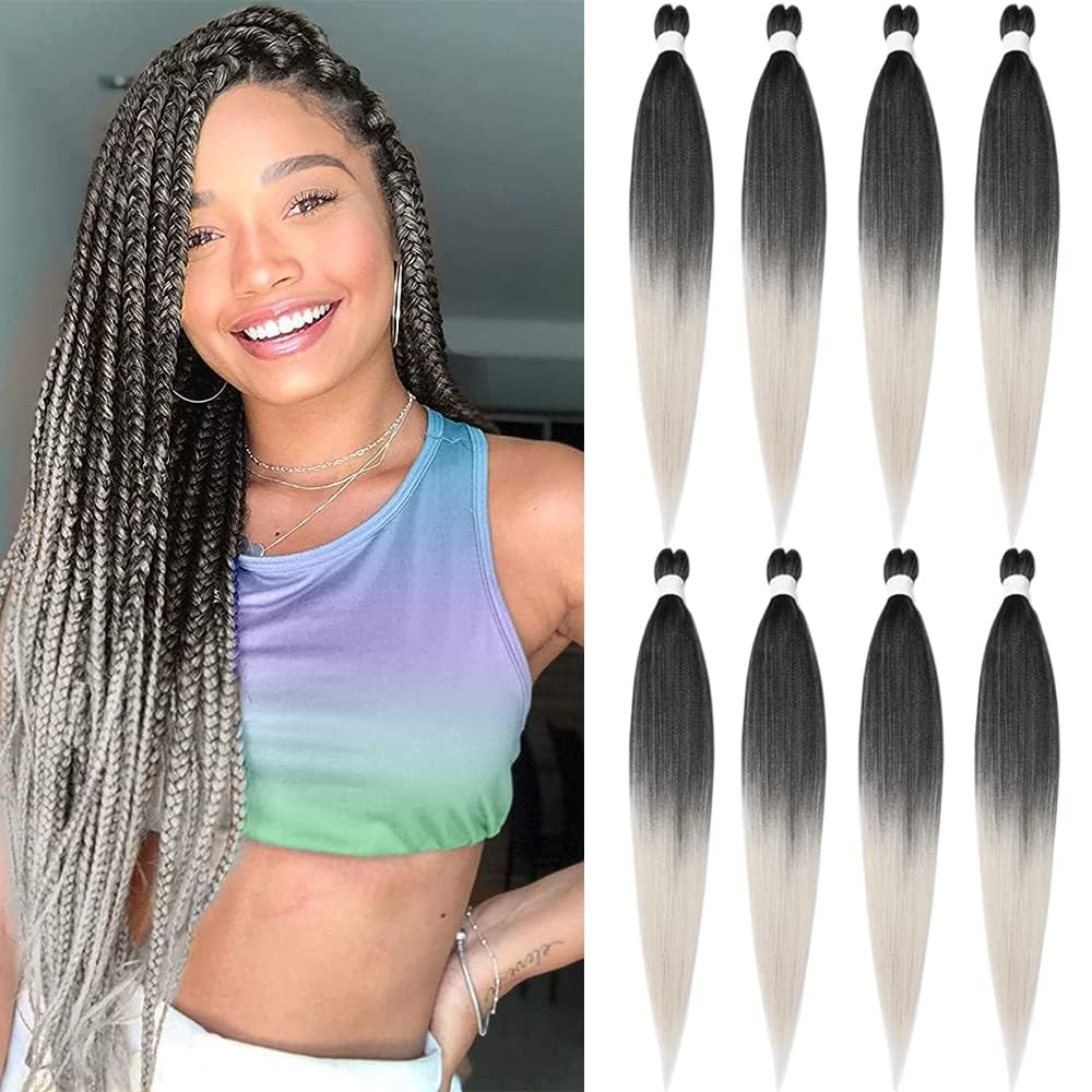 Miypmuns 26&quot; Ombre Grey Pre Stretched Braiding Hair - 8 Packs Yaki Straight Extensions